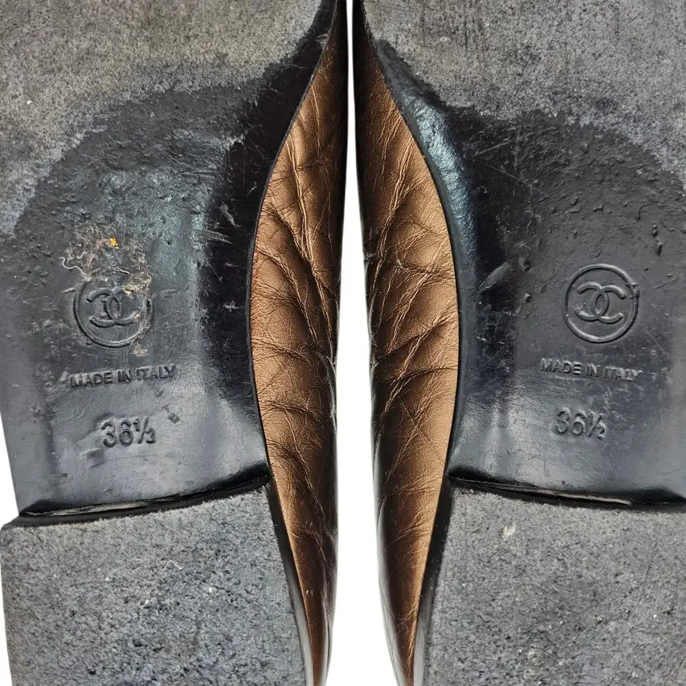 Chanel CC Cap Toe Ballet Flat Slipper Brown Bronze Leather Size 36.5 US 5.5 6